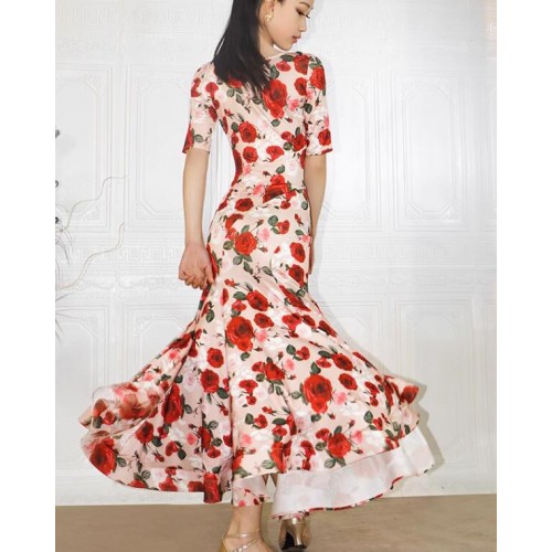 Pink rose flowers ballroom dance dresses for women printed flamenco tango foxtrot smooth dance long gown for female